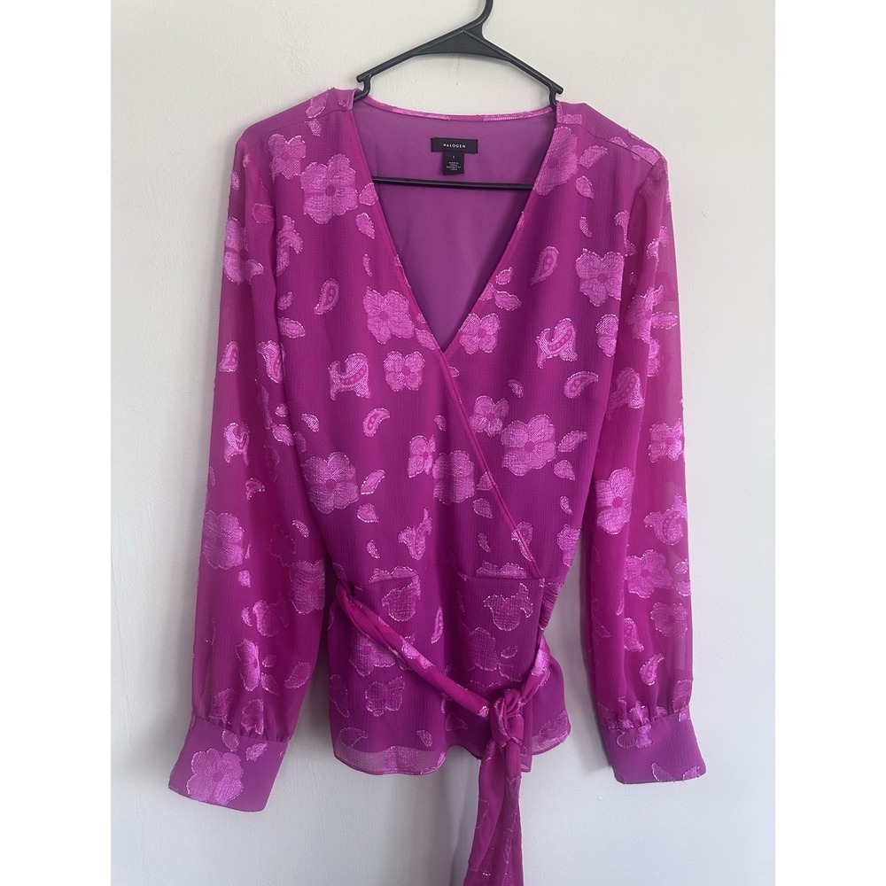 Halogen Blouse Women's LARGE Pink Floral Print VNeck Sheer‎ Belted Peplum Office